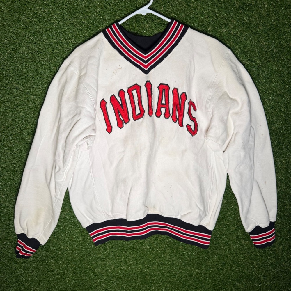 Vintage Cleveland Indians V-Neck‎ Sweatshirt Pullover Spell Out Red Logo XL 90's